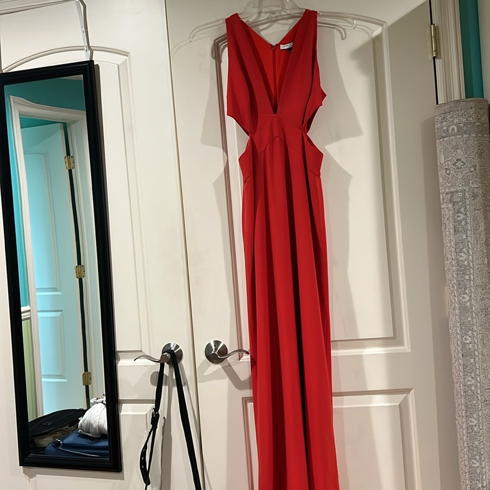 Halston Heritage red floor length gown, v-neck with cut outs on side, size 2